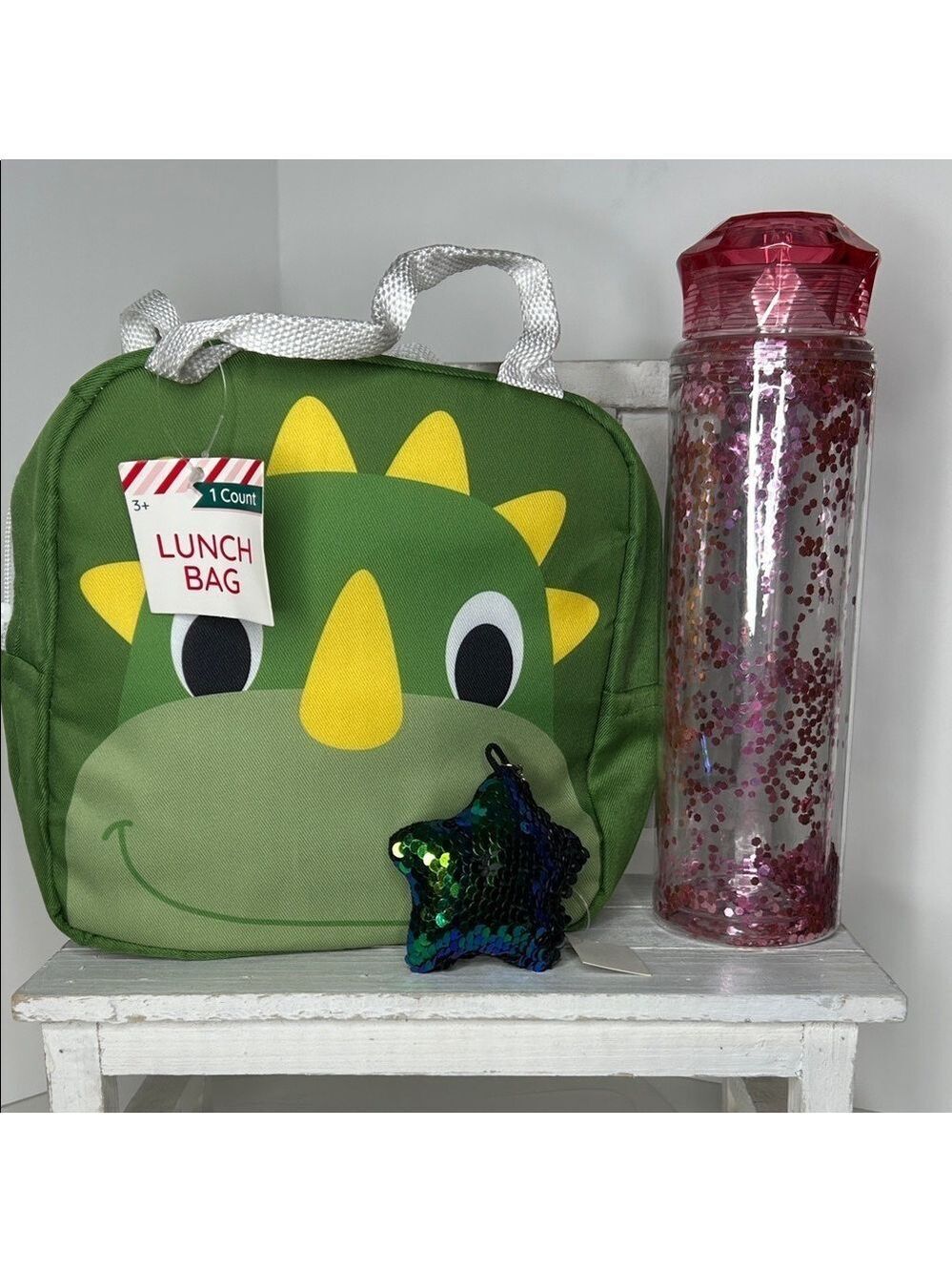 Dinosaur Lunch Bag with Pink Glitter Water Bottle & Star Keychain